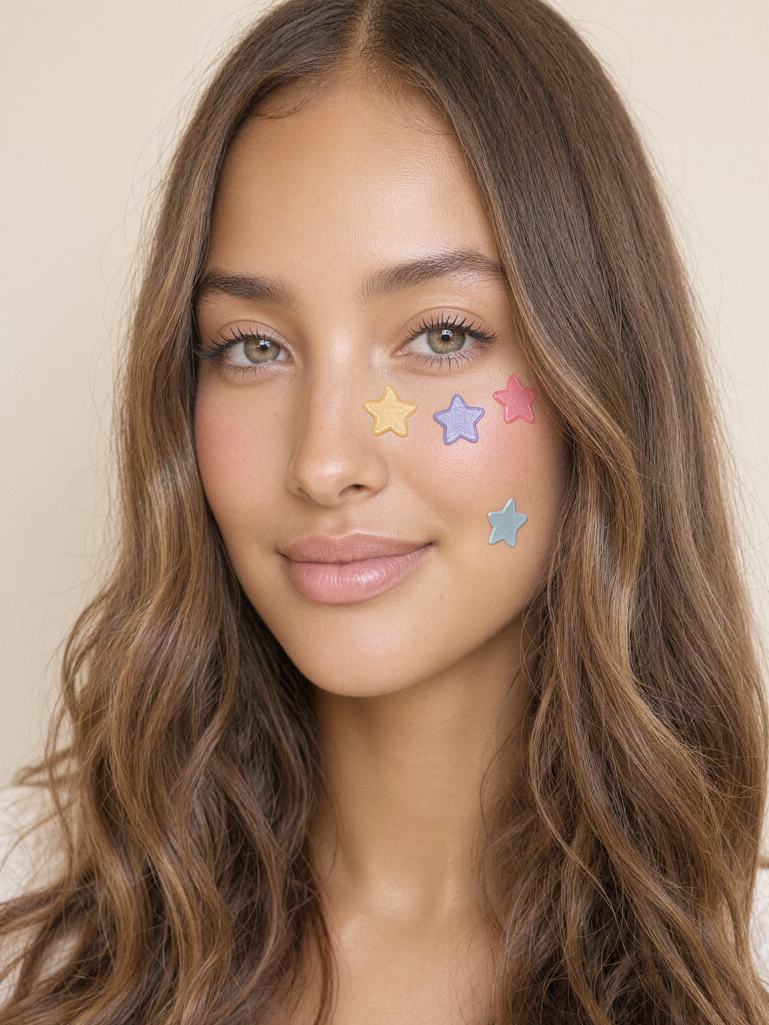 Woman wearing colourful Dewly star spot patches on her cheek