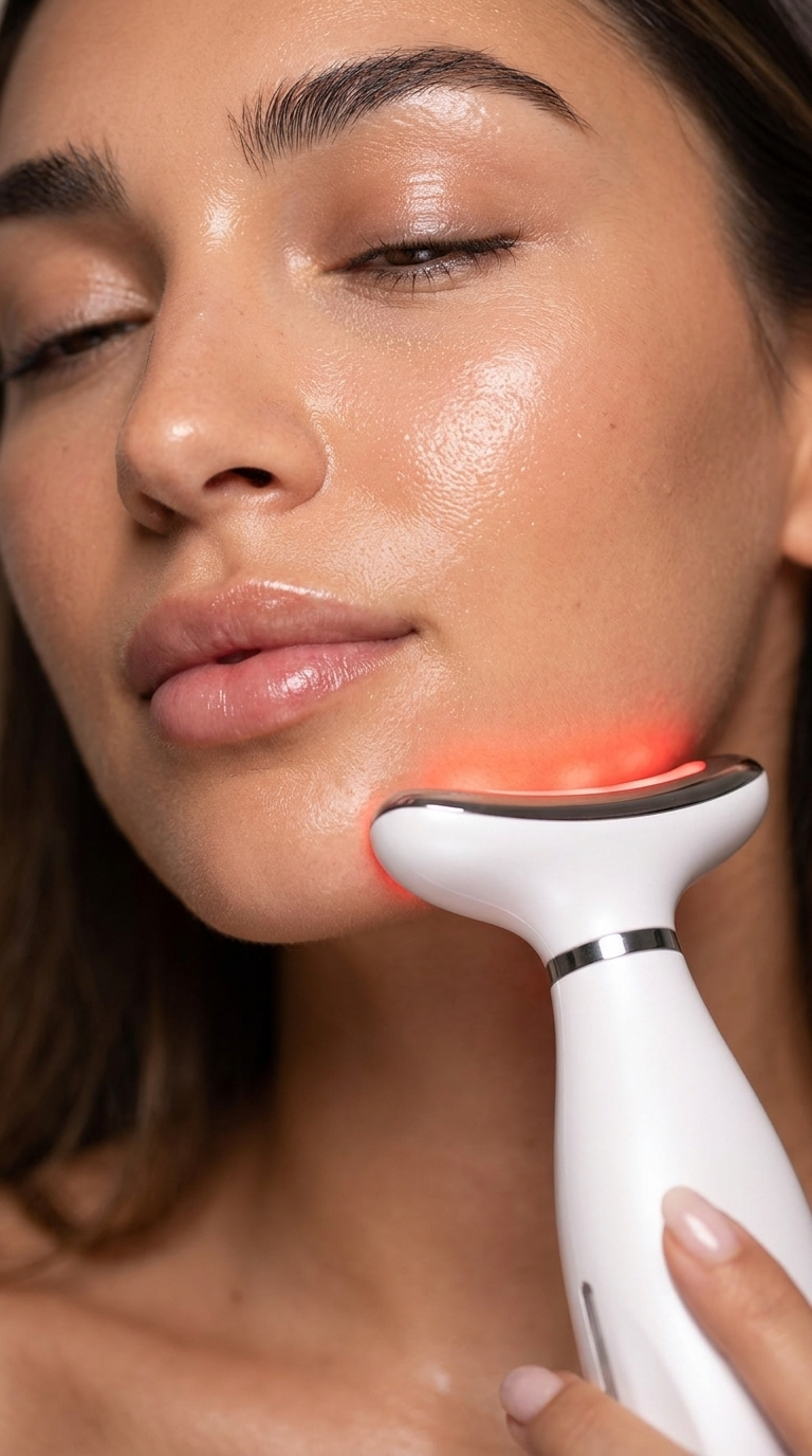 Woman using Dewly LumiLift LED microcurrent wand on jawline